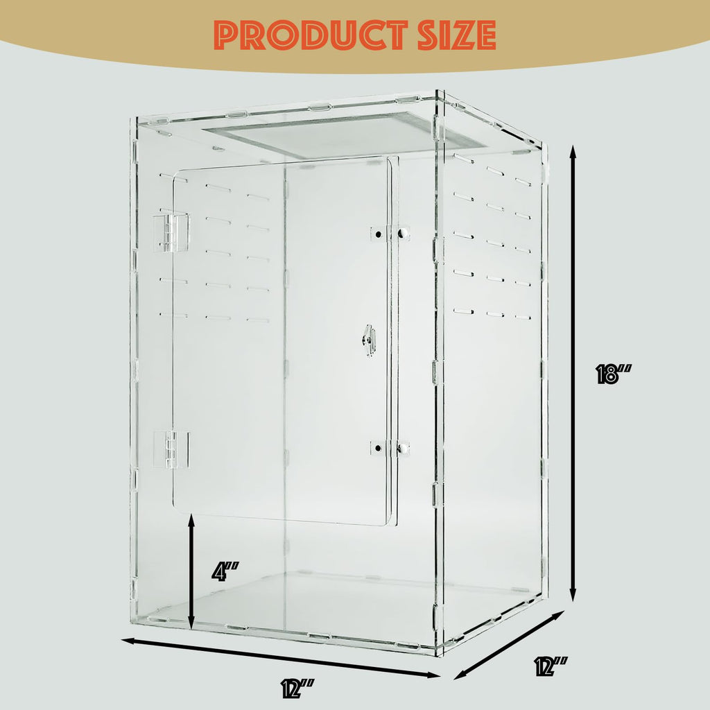 12x12x18 Reptile Tank 10 Gallon – Acrylic Reptile Enclosure Terrarium for Crested Gecko, Lizards, Spiders & Snakes – Clear Lizard Habitat Terrarium