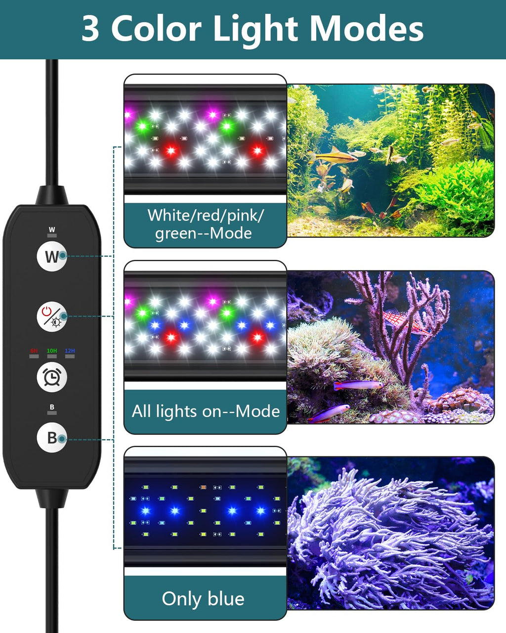 SEAOURA Led Aquarium Light for Plants-Full Spectrum Fish Tank Light with Timer Auto On/Off, 12-18 Inch, Adjustable Brightness, White Blue Red Green Pink LEDs with Extendable Brackets for Freshwater