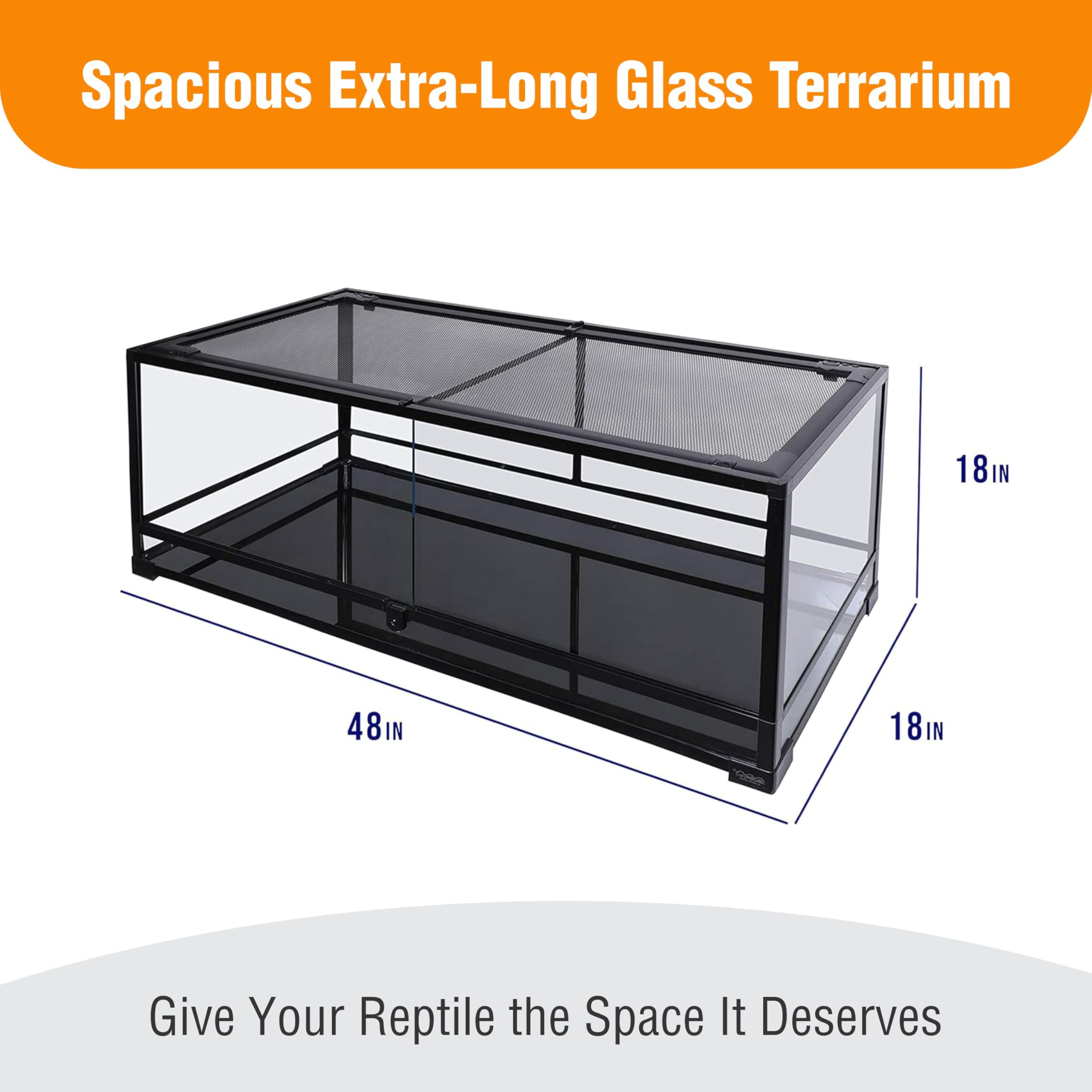 CAROLINACUSTOMCAGES 48x18x18 Extra-Long Reptile Terrarium - 67 Gallon Glass Terrarium for Bearded Dragon, Snake, Gecko, Lizard with Screen Top & Locking Doors; Easy Assembly